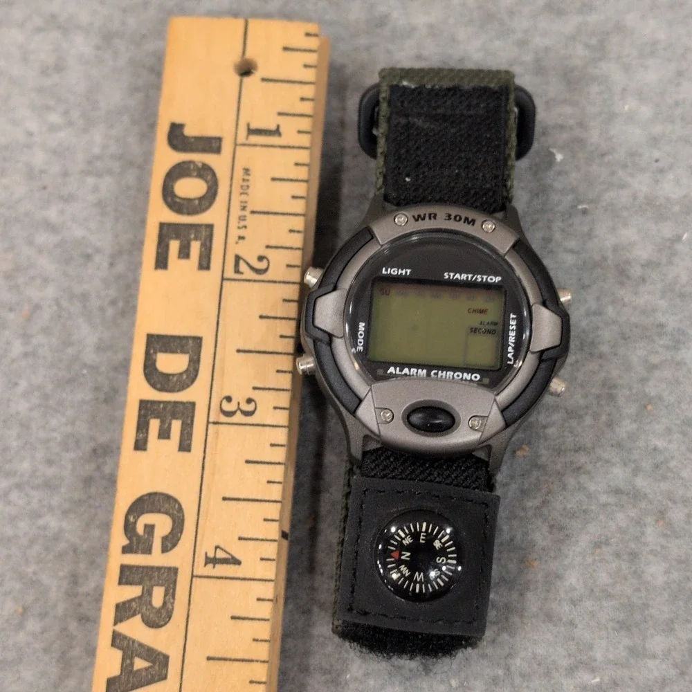 Digital Alarm Chronograph Watch with‎ Compass Green Nylon Hook and Loop Strap